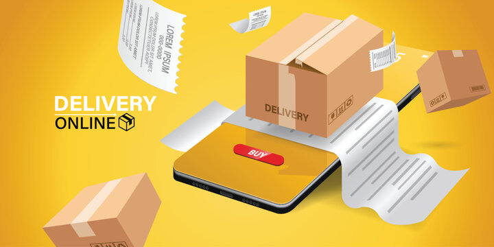 Online Delivery Service Concept Featuring a Mobile Device with Floating Packages, Receipts, and a Buy Button on a Vibrant Yellow Background Illustrating Fast and Convenient Shopping and Delivery Solut