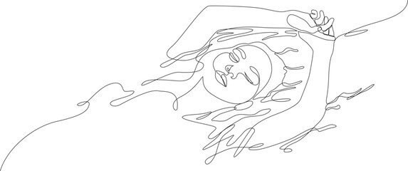 Woman floating in water, taking spa bath continuous one line drawing. Concept of beauty treatments, self care, sensory deprivation. Vector illustration. Editable stroke.