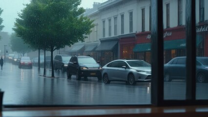 view from a coffee shop through a window to a rainy street