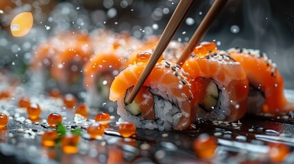 Stunning close-up of chopsticks picking up a sushi roll covered with sesame seeds among scattered roe and splashes of water - Powered by Adobe