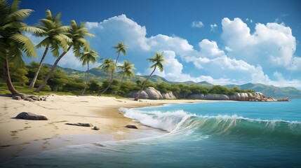 Beautiful Tropical Beach with Palm Trees, Ocean Waves, and Scenic Nature View