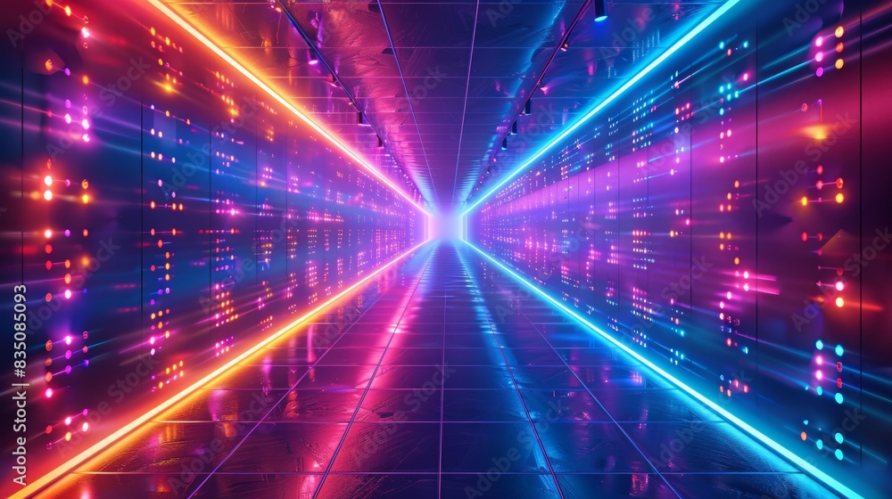 Poster colorful abstract neon light tunnel with glowing lines on a futuristic digital grid, creating a sens