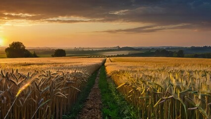Obraz premium Autumn sunset, the sun over a wheat field