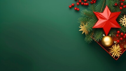 Christmas Day concept. Top view photo of big present box green red baubles gold star ornament pine cone mistletoe berries snow and fir branches on isolated green background, generative ai
