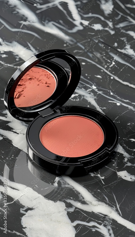 Poster a close-up shot of a compact blush case with a rich, pink color, resting on a black marble surface. 