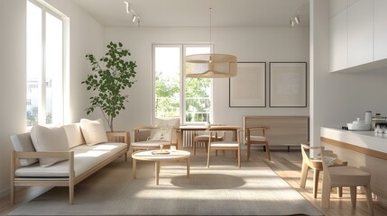 Fototapeta premium Scandinavian Inspired Living Room with Light Wood Furnishings and Neutral Palette