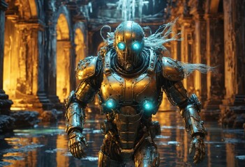Aquatic cyborg with bioluminescent implants, patrolling the ruins of an underwater civilization.