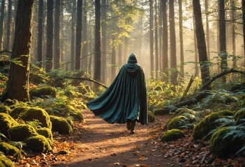 A warrior with a cloak of invisibility, navigating the enchanted forest, with sunlight filtering through the trees, casting a golden glow on the moss-covered ground.