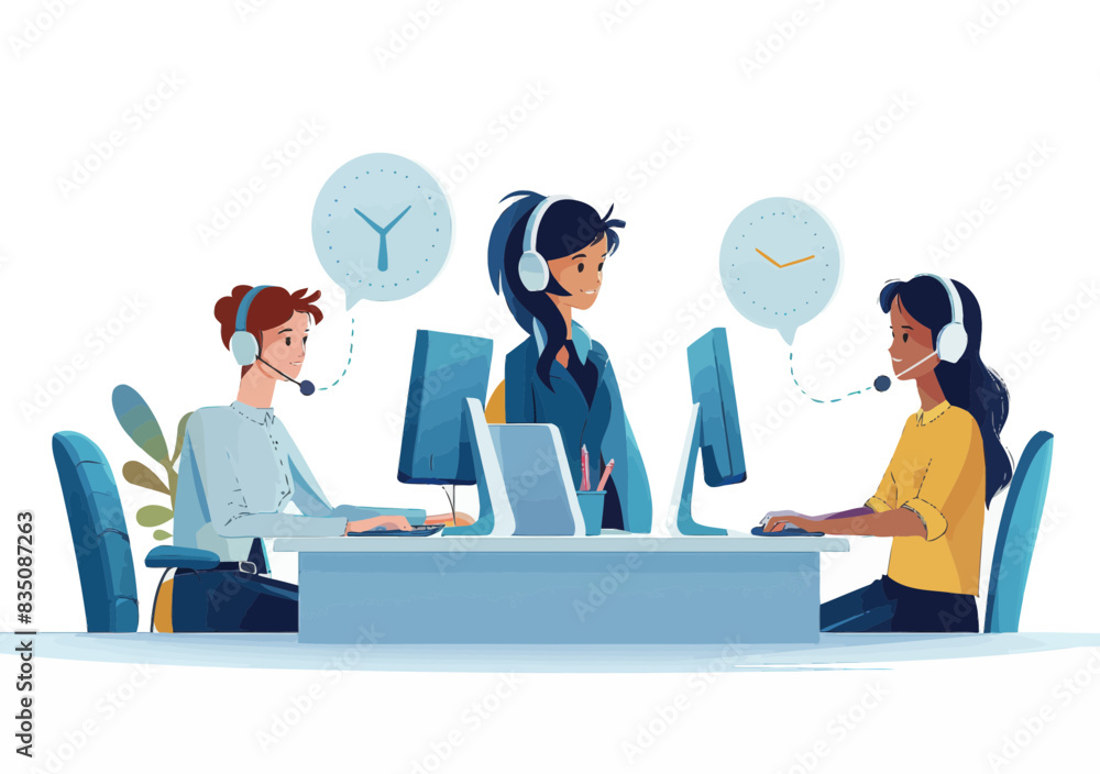 Poster customer service hotline operators with headsets providing 24-hour online technical support in moder