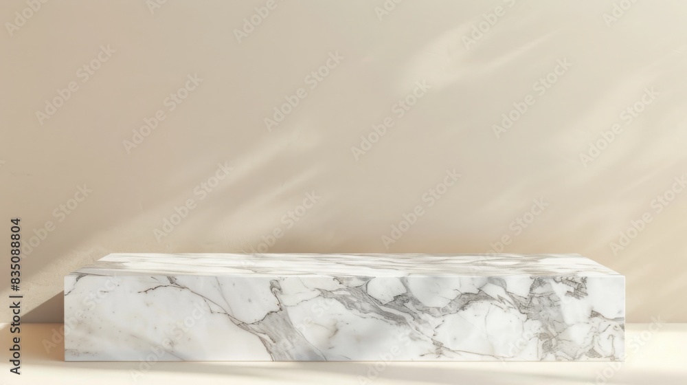 Aufkleber A polished rectangular marble block with a white and gray veining pattern sits on a beige surface, illuminated by soft morning light.