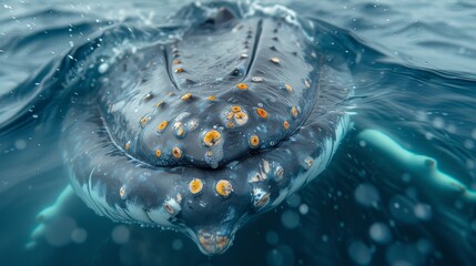 Close-up of a humpback whale's head covered in barnacles and textured skin in ocean water