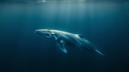 Fototapeta premium A humpback whale is gracefully captured mid-swim in the serene ocean depths, bathed in sunbeams