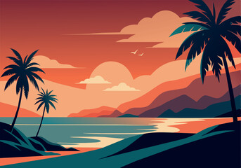 Obraz premium A beautiful beach scene with palm trees and a blue ocean