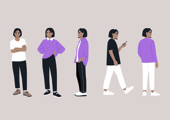 Obraz premium A digital illustration featuring five figures in various relaxed poses, showcasing a range of casual attire and contemporary fashion styles