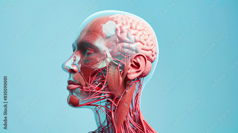 Poster a human head with transparent skin showing the neural system inside