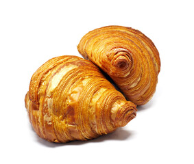Delicious and fresh french croissants on a white background.