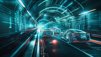Self driving vehicles in an underground tunnel. Concept of integration of Ai technology in traffic control.