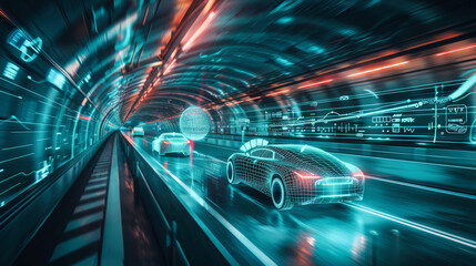 Self driving vehicles in an underground tunnel. Concept of integration of Ai technology in traffic control.