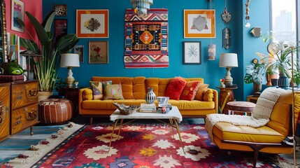 Vibrant and Eclectic Living Space with Bold Colors and Vintage Modern Furniture