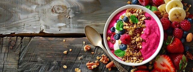 Vibrant and Nutritious Smoothie Bowl with Fresh Fruits  Granola  and Nuts on Rustic Wooden Table
