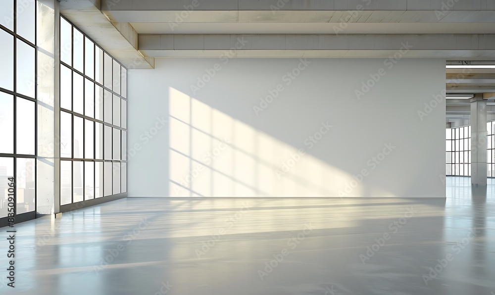 Poster blank wall in bright office mockup with large windows and sun passing through 3d rendering