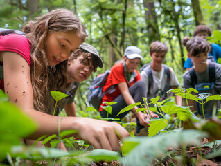 Fototapeta premium Junge Menschen lernen in der Natur. Sie lernen alles über den Wald.