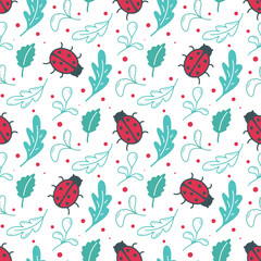 Cute ladybugs and foliage seamless hand drawn pattern. Background with ladybird and leaves. Baby characters print for textile, paper, fabric, packaging, vector graphics