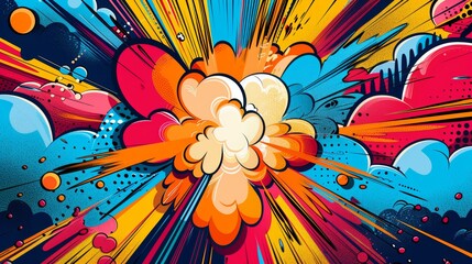 Vibrant comic book explosion artwork with dynamic colors and abstract design, perfect for creative backgrounds and artistic projects.
