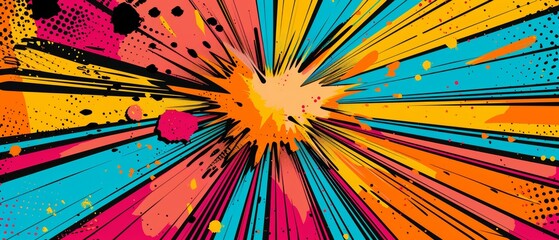 Vibrant comic book style explosion graphic with bold colors, dynamic lines, and intense visual impact.