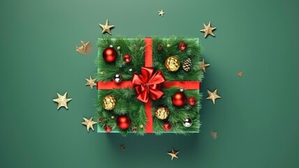 Christmas Day concept. Top view photo of big present box green red baubles gold star ornament pine cone mistletoe berries snow and fir branches on isolated green background, generative ai