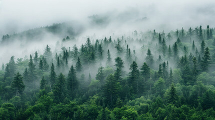 Gloomy landscape - hills covered with forest, mist, overcast, rainy weather