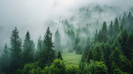 Gloomy landscape - hills covered with forest, fog, overcast, rainy weather