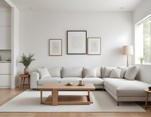 Fototapeta premium Frame mockup, ISO A paper size. Living room poster mockup. Modern interior design. Living room Interior mockup with house background. 3D render