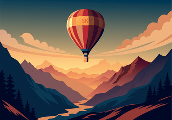 A hot air balloon is flying over a mountain range