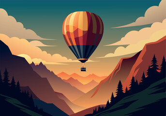 Fototapeta premium A hot air balloon is floating in the sky above a mountain range