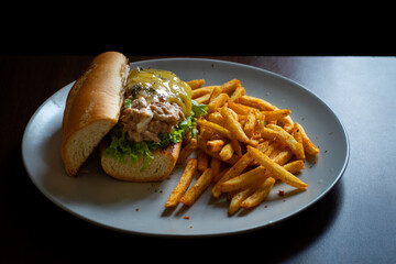 mozzarella cheese tuna melt served with french fries on a white plate, over wooden table