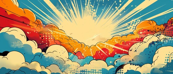 Vibrant pop art illustration of a dazzling sunrise with retro comic-style clouds and sunbeams bursting across the sky.