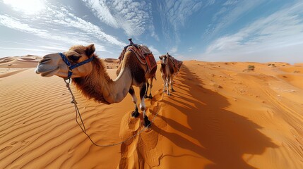 Close viewpoint of a camel leading a desert caravan with vivid desert dunes and blue sky