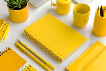 Flat lay of yellow school stationery and essential supplies isolated on white background perfect for back to school and education promotions