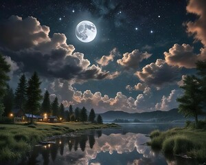 night landscape with moon and clouds
