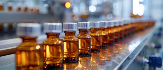 A row of amber-colored glass bottles on a production line in a pharmaceutical manufacturing plant, with a blurred background showing machinery.