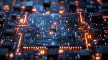 Obraz premium High-Tech Circuit Board: Capture a high-tech background with intricate circuit board designs and glowing digital elements.