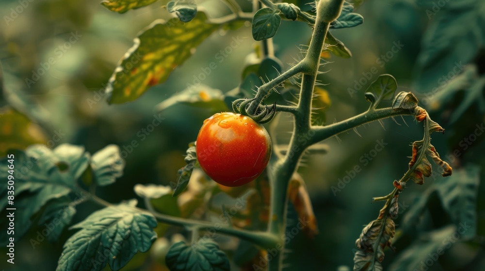 Sticker ripe red tomato prepared for picking at the farm outdoor