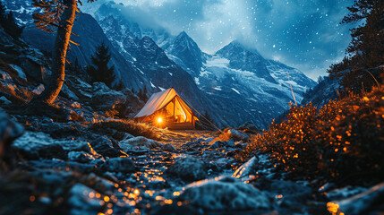A Beautiful View Of Small Cabin or Tent With Small Camping Fire During IN The Night Time In Snow Mountains Landscape Background