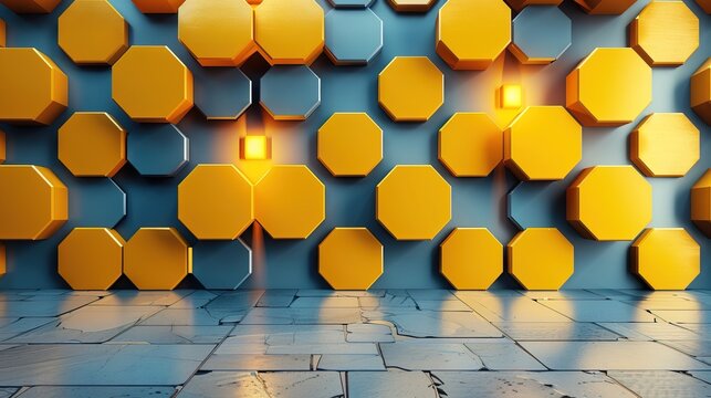 Yellow wall with hexagonal shapes futuristic lightning  - Powered by Adobe