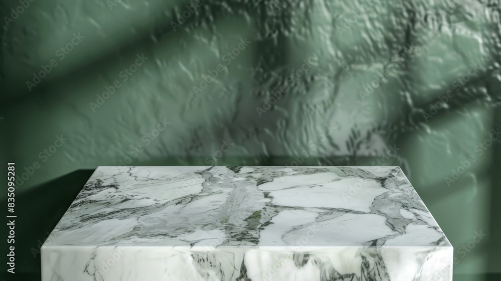 Poster a marble pedestal stands against a textured green wall with sunlight creating distinct patterns in t