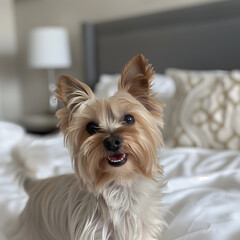 an adorable Yorkshire Terrier, white hair with light brown highlights on the ears and back part of its head, black eyes