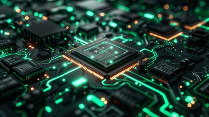 Fototapeta premium High-Tech Circuit Board: Capture a high-tech background with intricate circuit board designs and glowing digital elements.