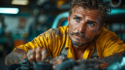 Mechanic in Intense Focus Repairing Engine in Busy Workshop During Daytime