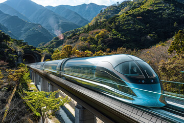 A high-speed maglev train gliding effortlessly through a mountainous region, its sleek design mirrored in the pristine glass tunnels encasing it